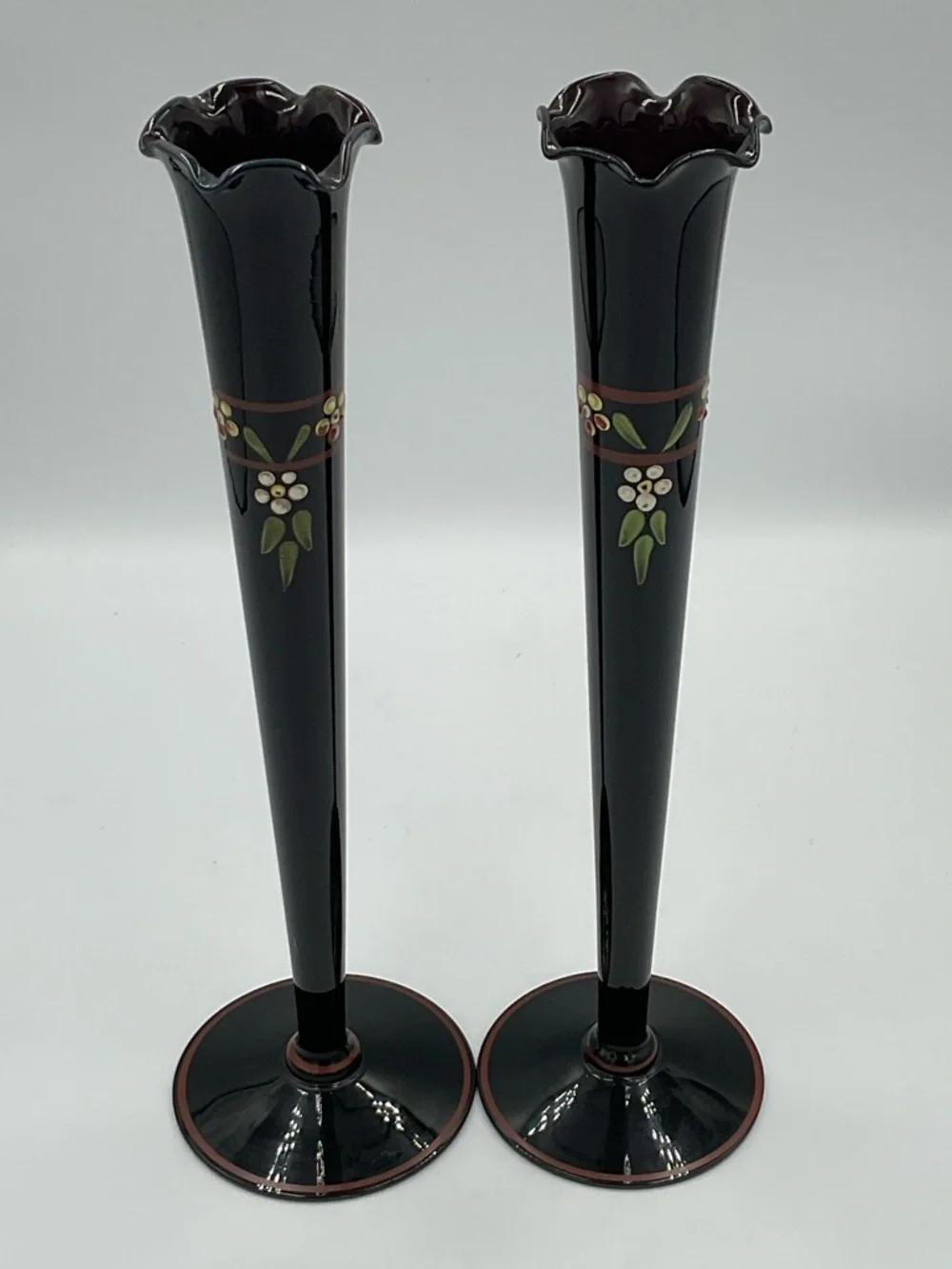 Antique Pair of Maryland Glass Black Amethyst Glass Art Deco Vase Hand Painted